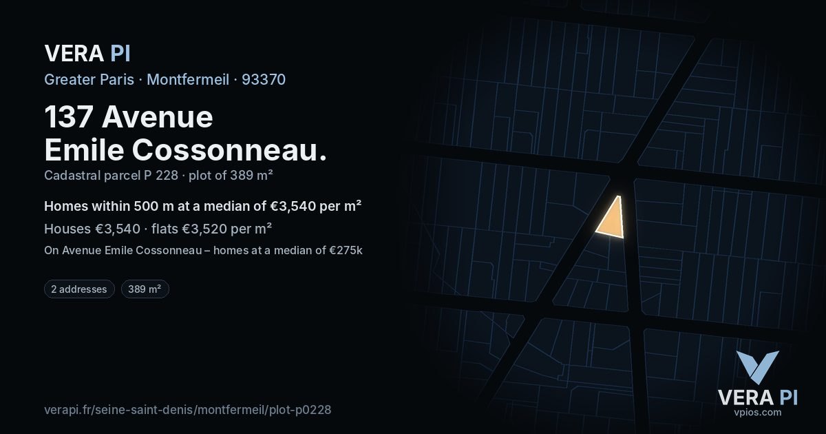 137 Avenue Emile Cossonneau, Montfermeil at night – the plot lit, the parcels around coloured by the prices near them