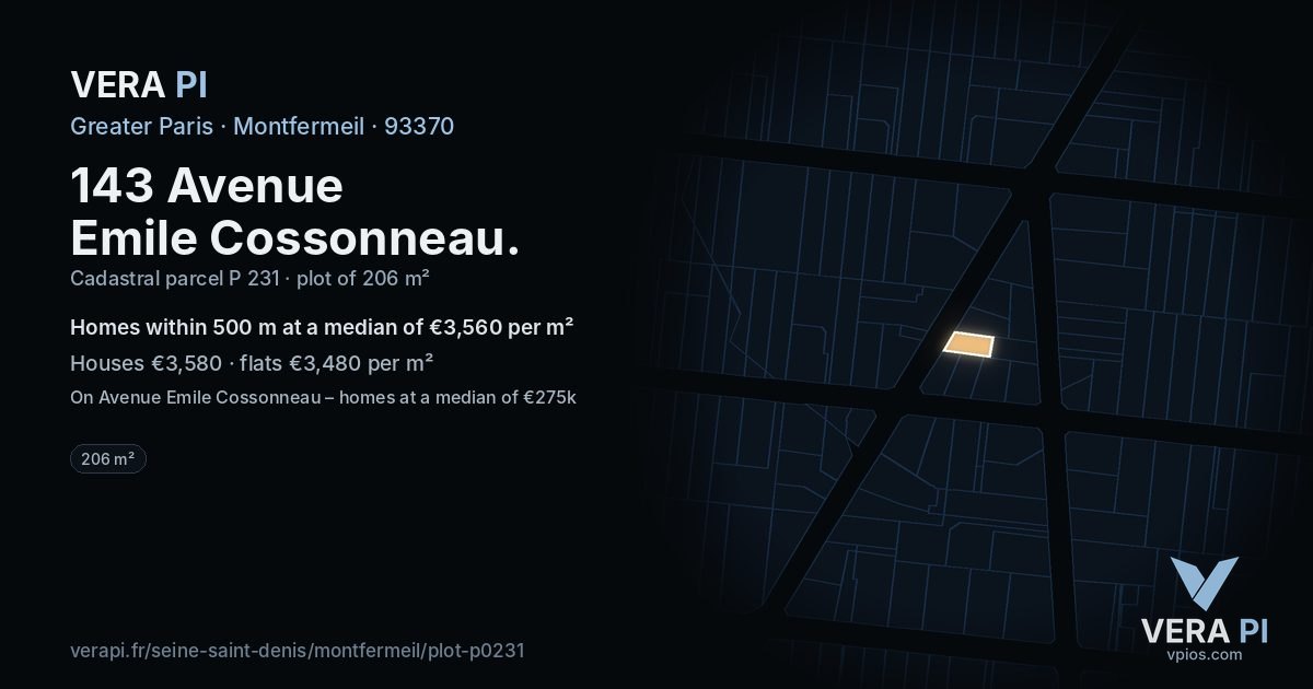 143 Avenue Emile Cossonneau, Montfermeil at night – the plot lit, the parcels around coloured by the prices near them