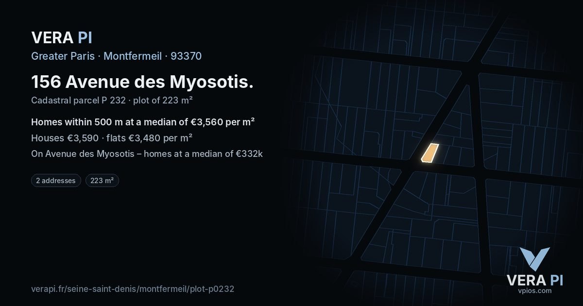 156 Avenue des Myosotis, Montfermeil at night – the plot lit, the parcels around coloured by the prices near them