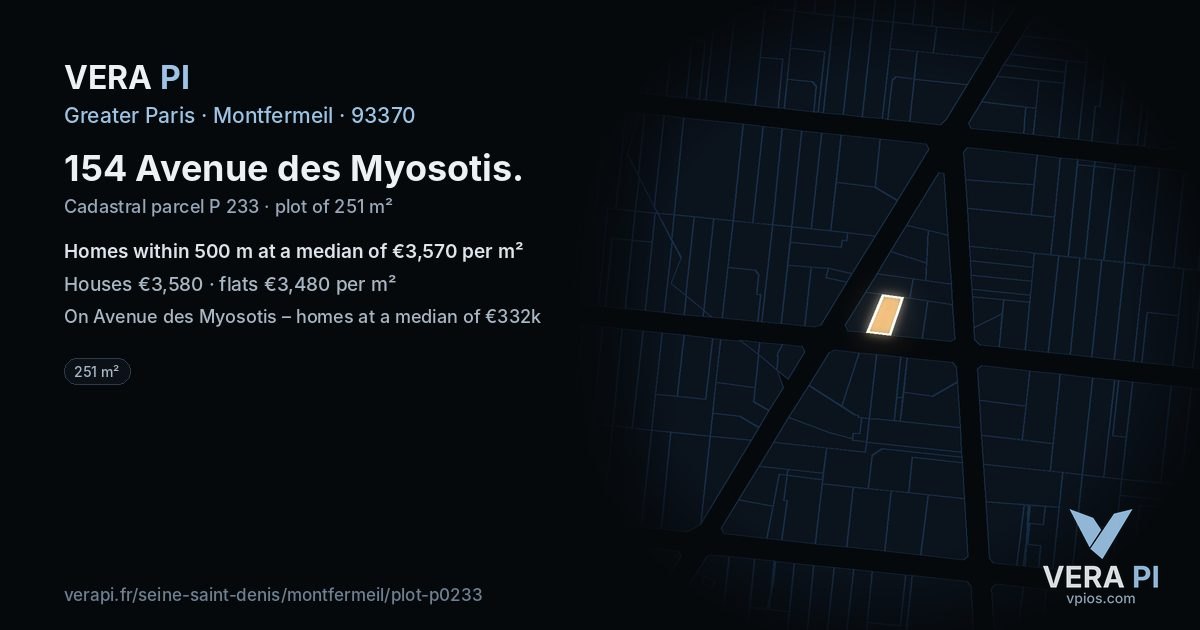 154 Avenue des Myosotis, Montfermeil at night – the plot lit, the parcels around coloured by the prices near them