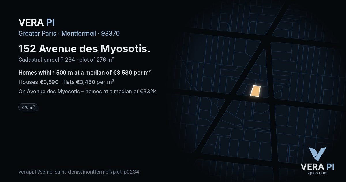 152 Avenue des Myosotis, Montfermeil at night – the plot lit, the parcels around coloured by the prices near them