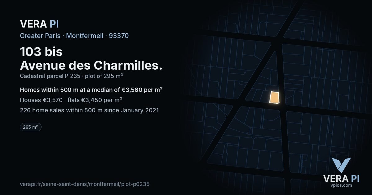 103 bis Avenue des Charmilles, Montfermeil at night – the plot lit, the parcels around coloured by the prices near them