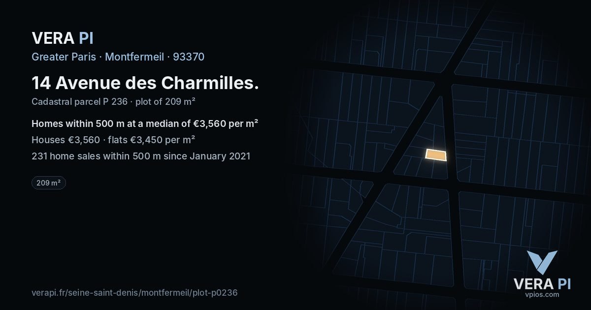 14 Avenue des Charmilles, Montfermeil at night – the plot lit, the parcels around coloured by the prices near them