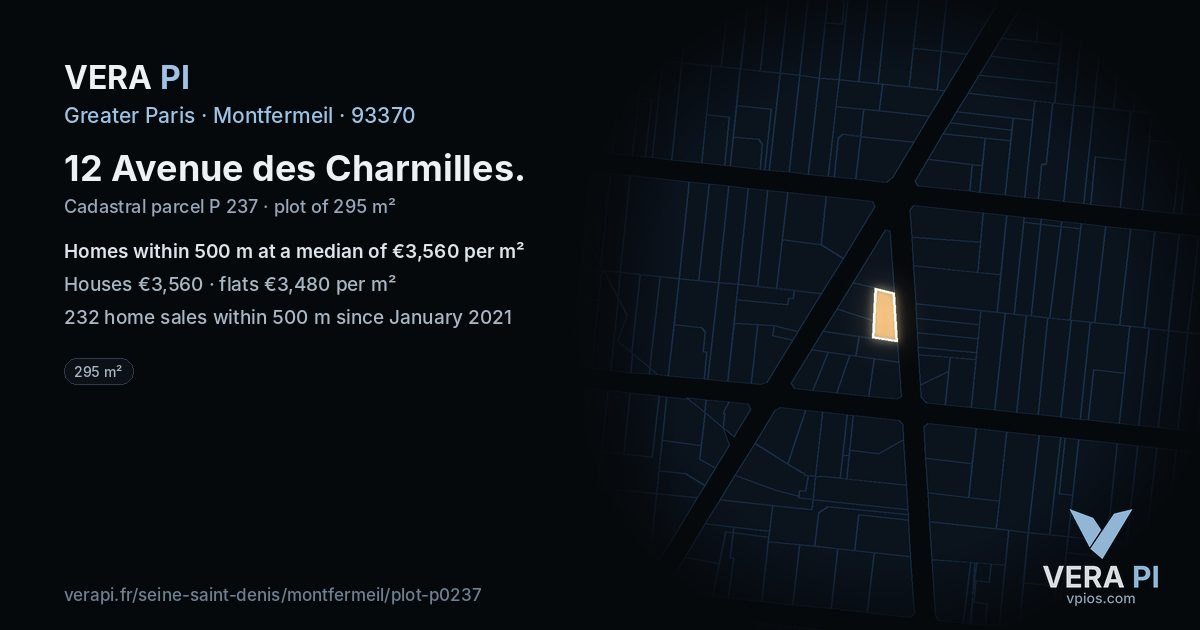 12 Avenue des Charmilles, Montfermeil at night – the plot lit, the parcels around coloured by the prices near them