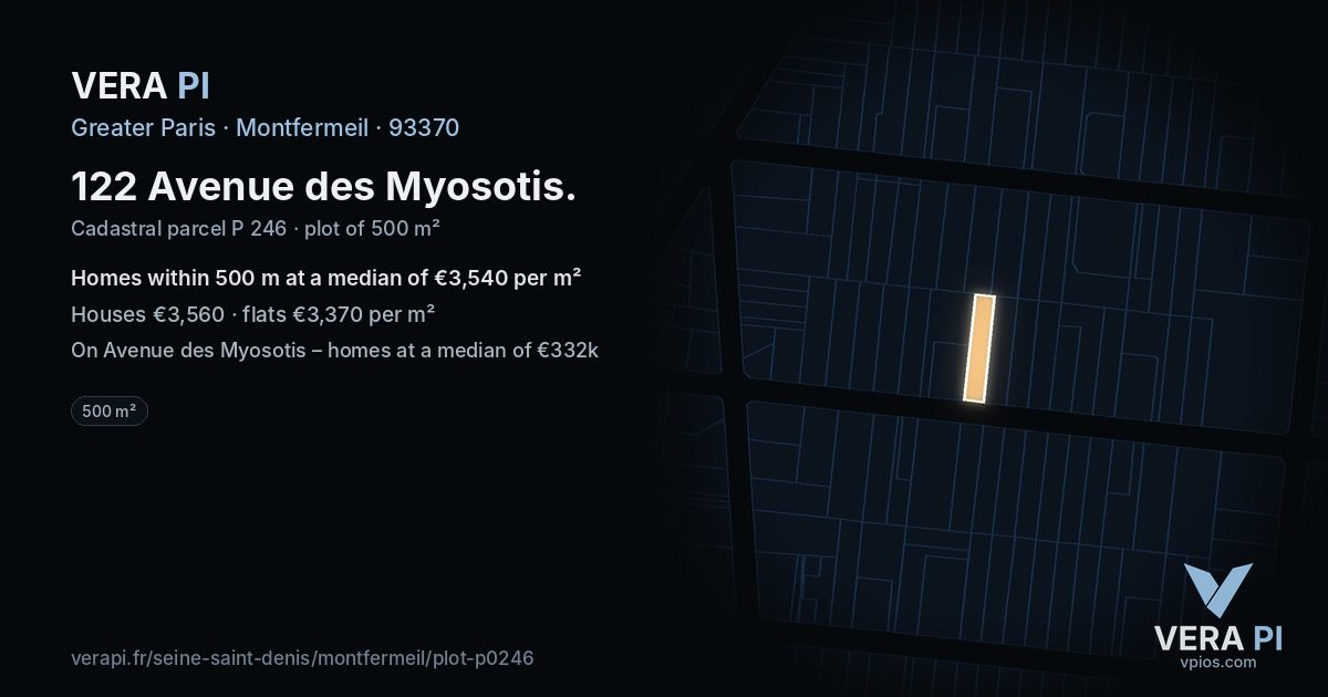 122 Avenue des Myosotis, Montfermeil at night – the plot lit, the parcels around coloured by the prices near them