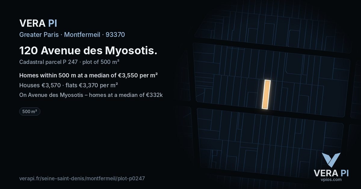 120 Avenue des Myosotis, Montfermeil at night – the plot lit, the parcels around coloured by the prices near them