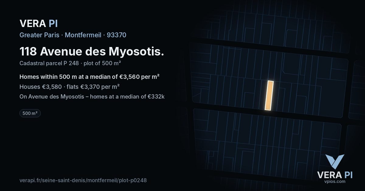 118 Avenue des Myosotis, Montfermeil at night – the plot lit, the parcels around coloured by the prices near them