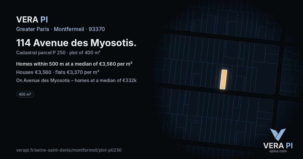 114 Avenue des Myosotis, Montfermeil at night – the plot lit, the parcels around coloured by the prices near them