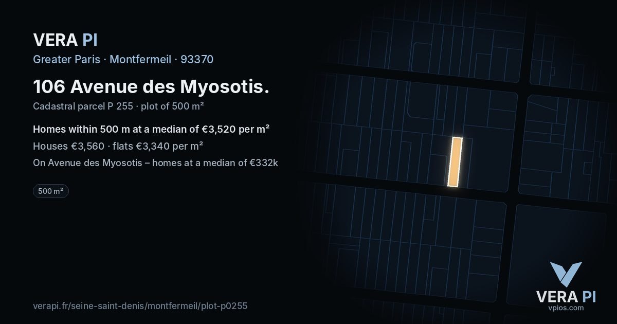 106 Avenue des Myosotis, Montfermeil at night – the plot lit, the parcels around coloured by the prices near them