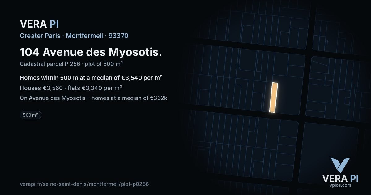 104 Avenue des Myosotis, Montfermeil at night – the plot lit, the parcels around coloured by the prices near them