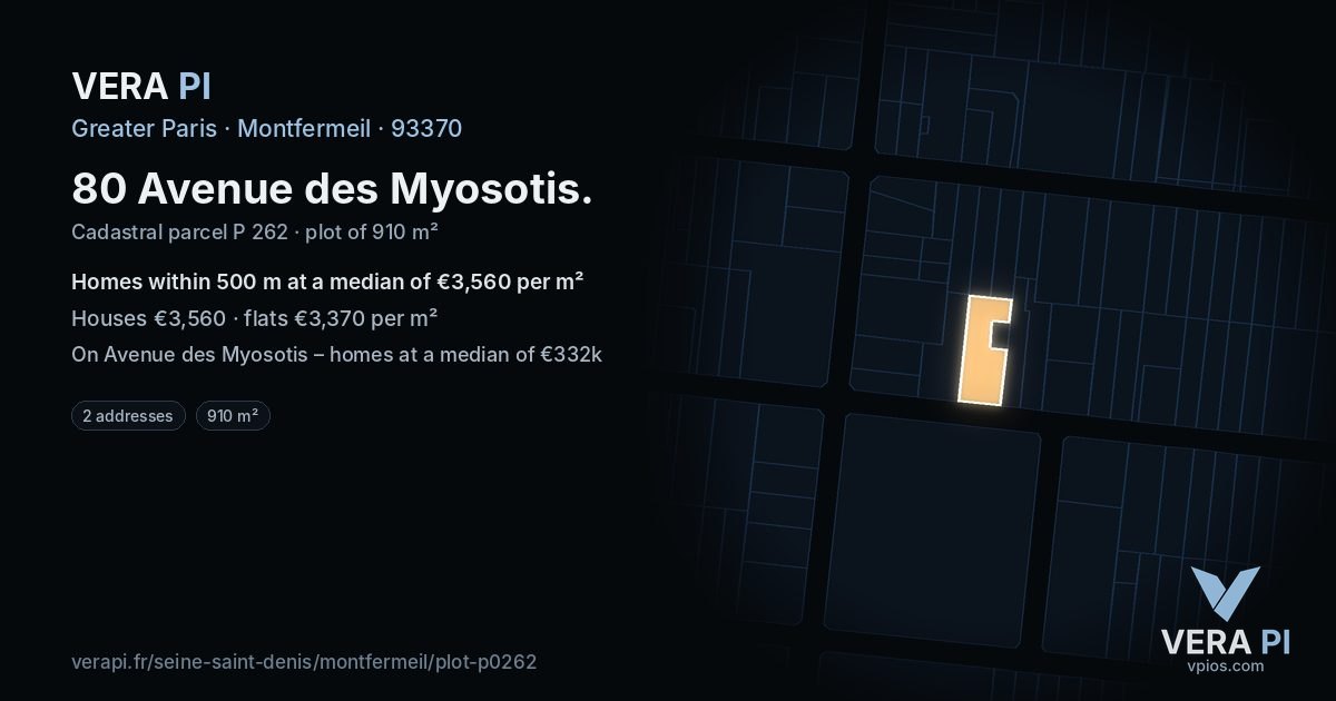 80 Avenue des Myosotis, Montfermeil at night – the plot lit, the parcels around coloured by the prices near them