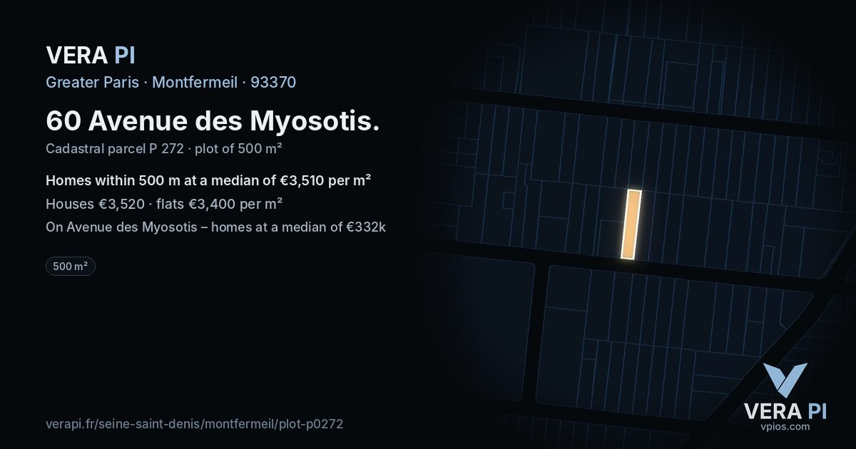 60 Avenue des Myosotis, Montfermeil at night – the plot lit, the parcels around coloured by the prices near them