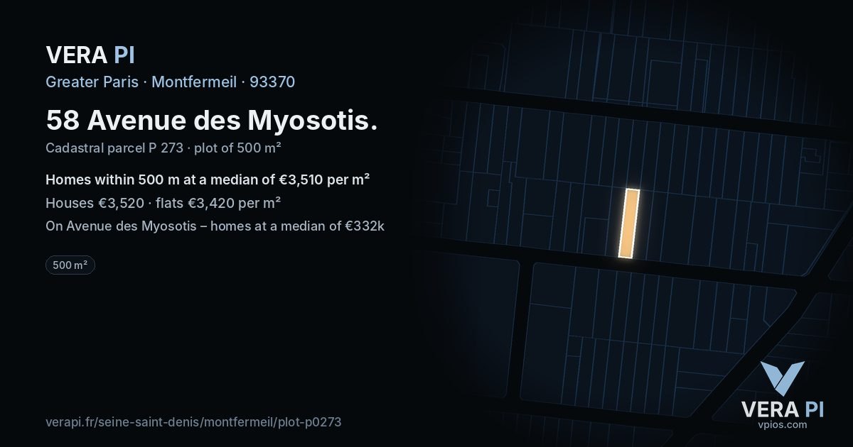 58 Avenue des Myosotis, Montfermeil at night – the plot lit, the parcels around coloured by the prices near them