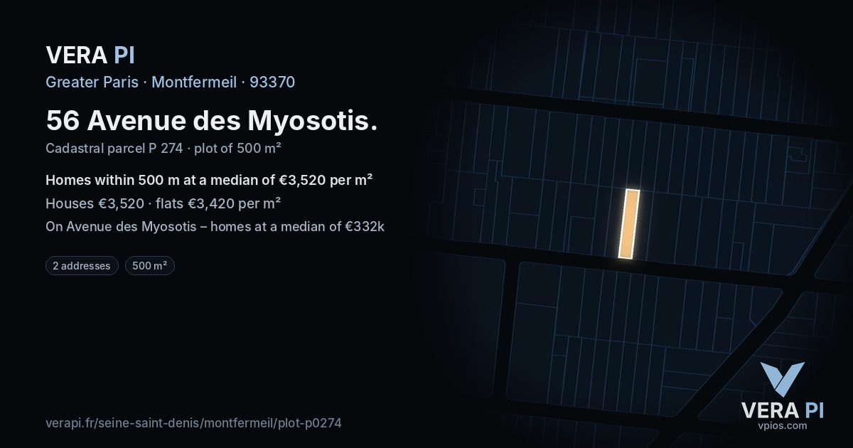 56 Avenue des Myosotis, Montfermeil at night – the plot lit, the parcels around coloured by the prices near them
