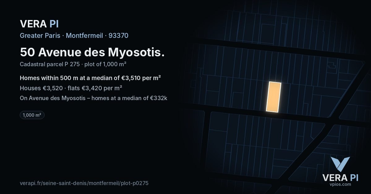 50 Avenue des Myosotis, Montfermeil at night – the plot lit, the parcels around coloured by the prices near them