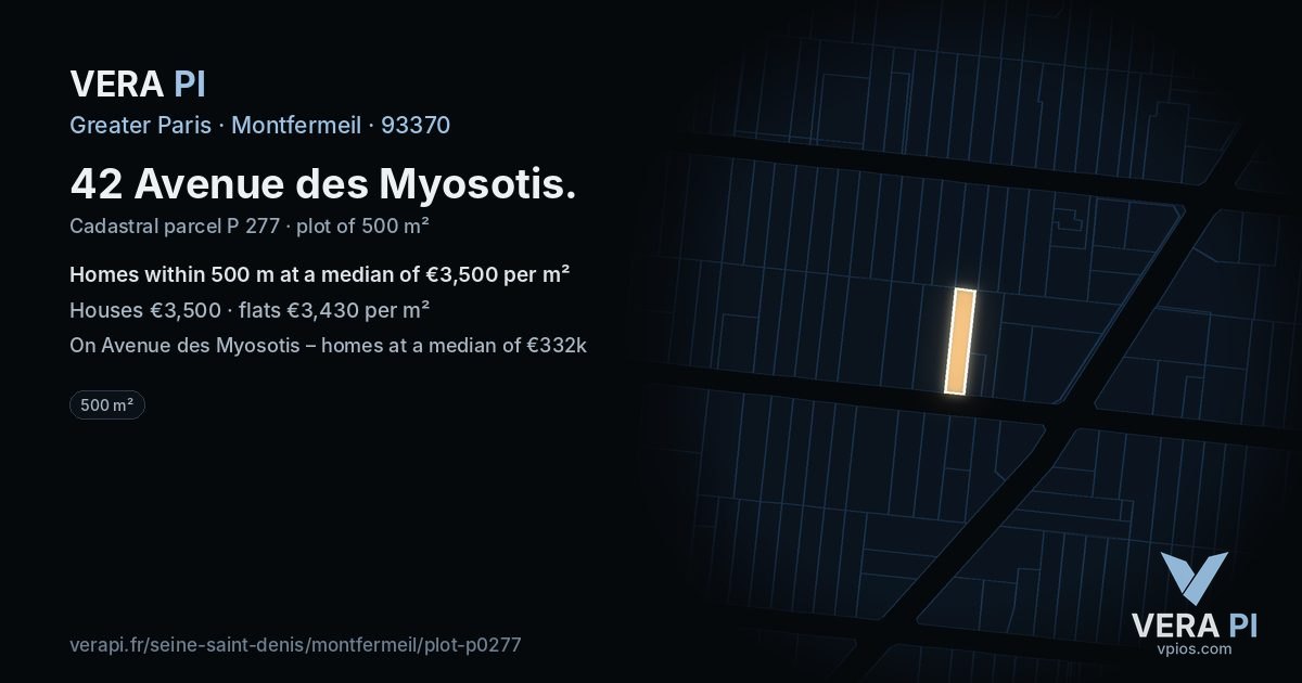 42 Avenue des Myosotis, Montfermeil at night – the plot lit, the parcels around coloured by the prices near them