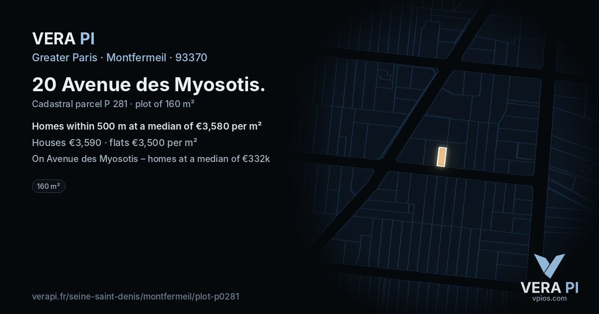 20 Avenue des Myosotis, Montfermeil at night – the plot lit, the parcels around coloured by the prices near them