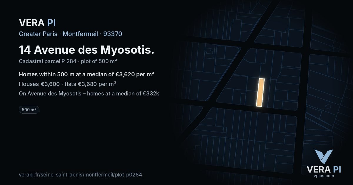 14 Avenue des Myosotis, Montfermeil at night – the plot lit, the parcels around coloured by the prices near them