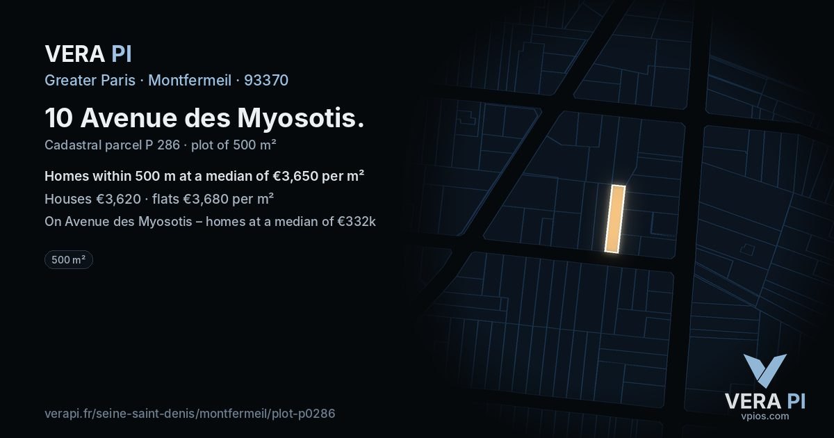 10 Avenue des Myosotis, Montfermeil at night – the plot lit, the parcels around coloured by the prices near them