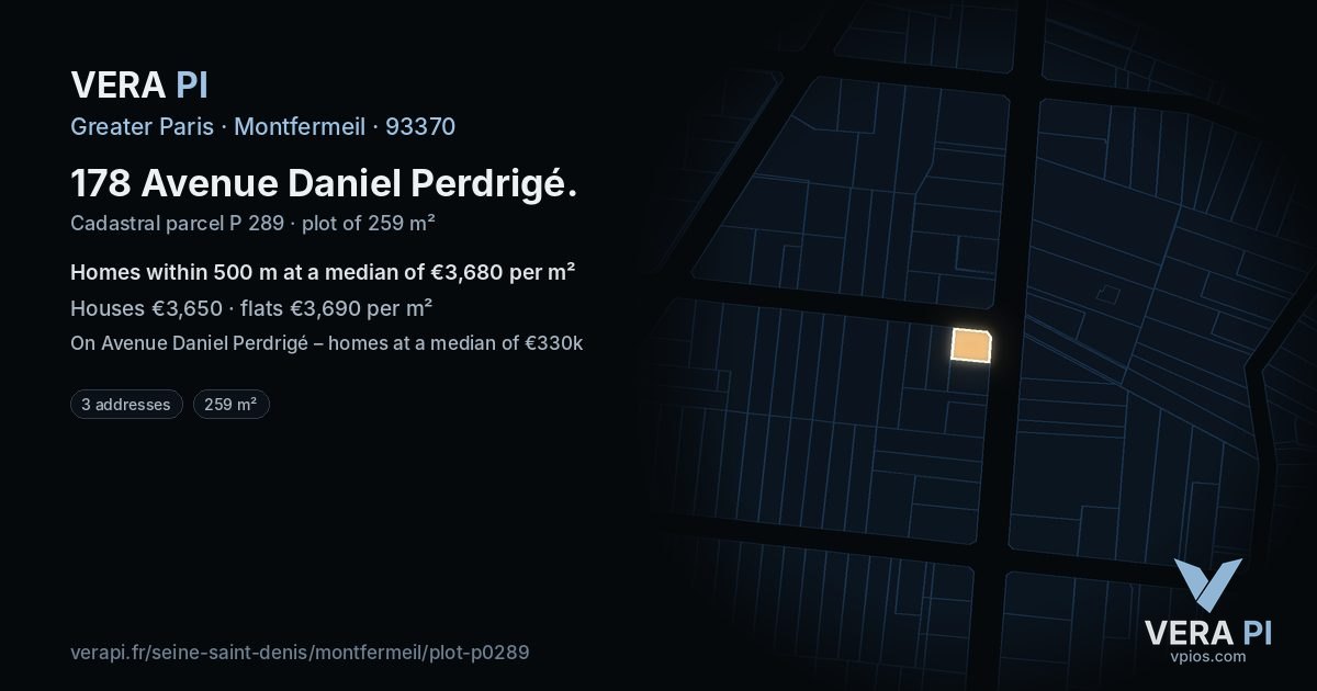 178 Avenue Daniel Perdrigé, Montfermeil at night – the plot lit, the parcels around coloured by the prices near them