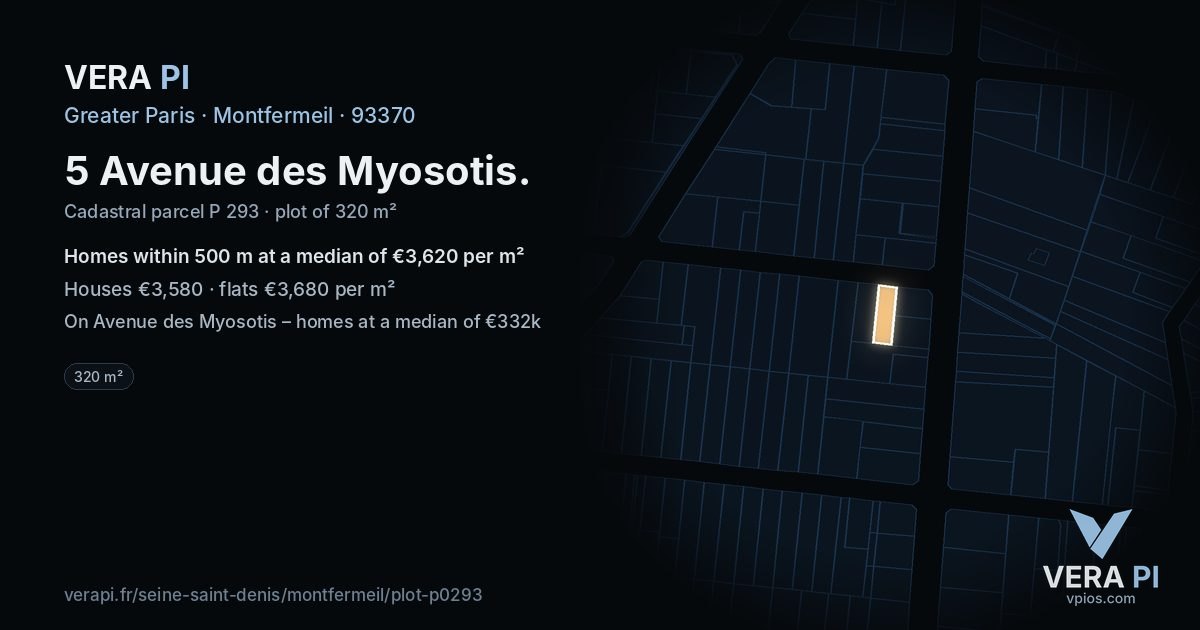 5 Avenue des Myosotis, Montfermeil at night – the plot lit, the parcels around coloured by the prices near them