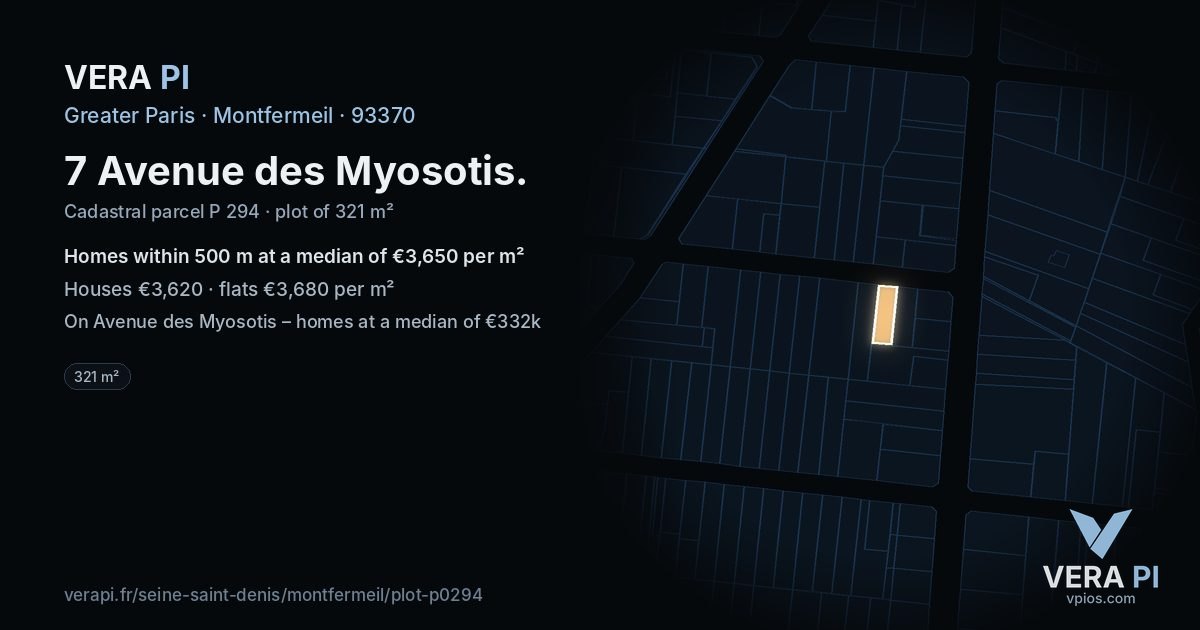 7 Avenue des Myosotis, Montfermeil at night – the plot lit, the parcels around coloured by the prices near them