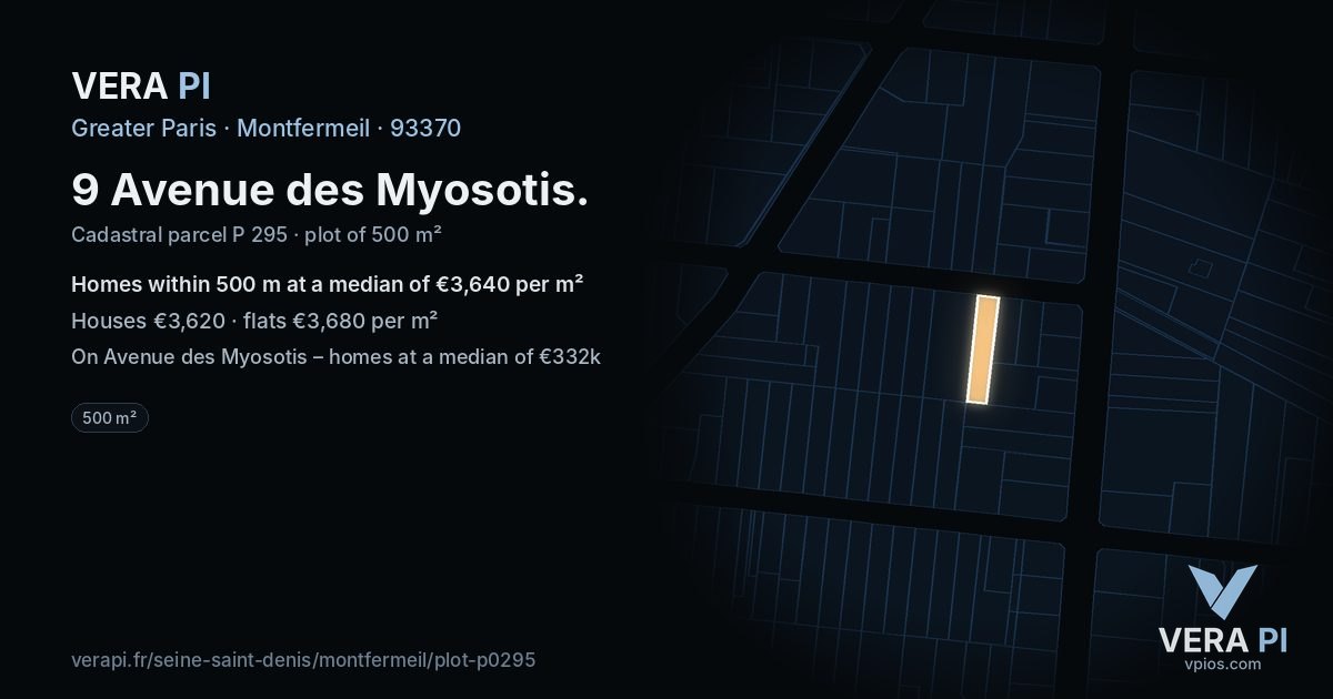 9 Avenue des Myosotis, Montfermeil at night – the plot lit, the parcels around coloured by the prices near them
