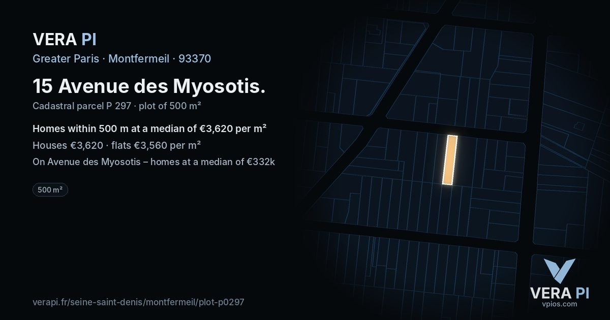 15 Avenue des Myosotis, Montfermeil at night – the plot lit, the parcels around coloured by the prices near them