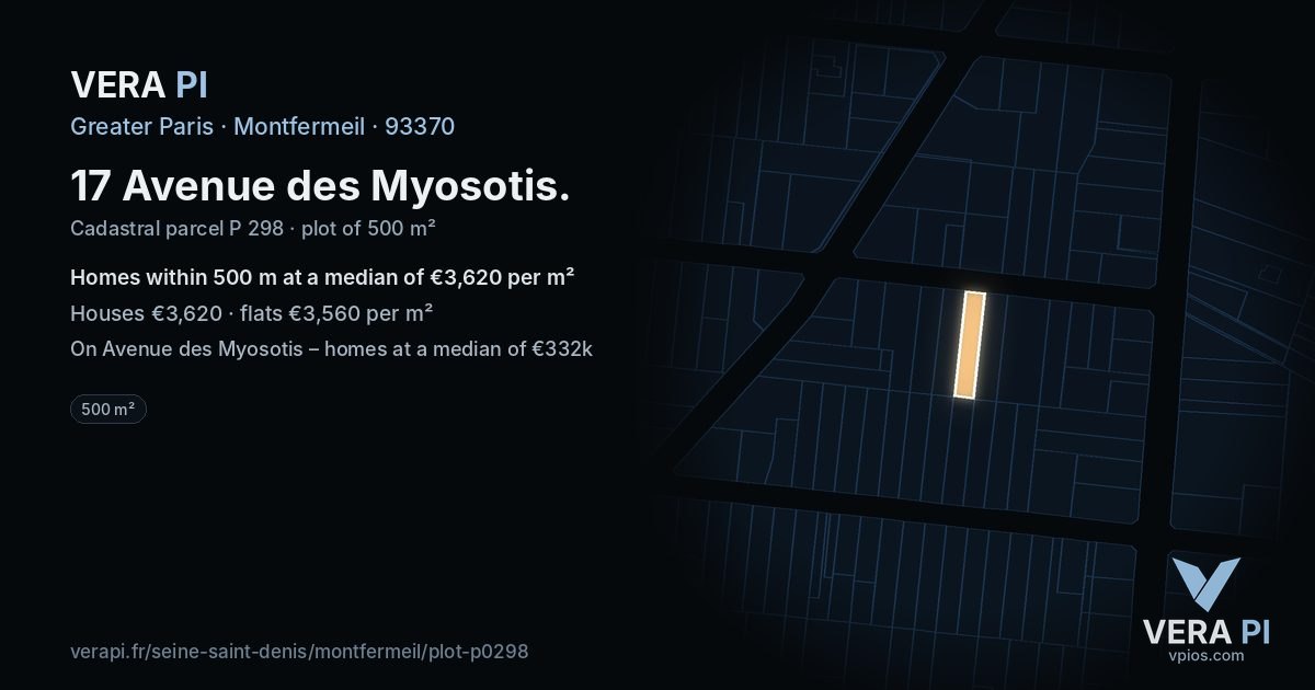 17 Avenue des Myosotis, Montfermeil at night – the plot lit, the parcels around coloured by the prices near them