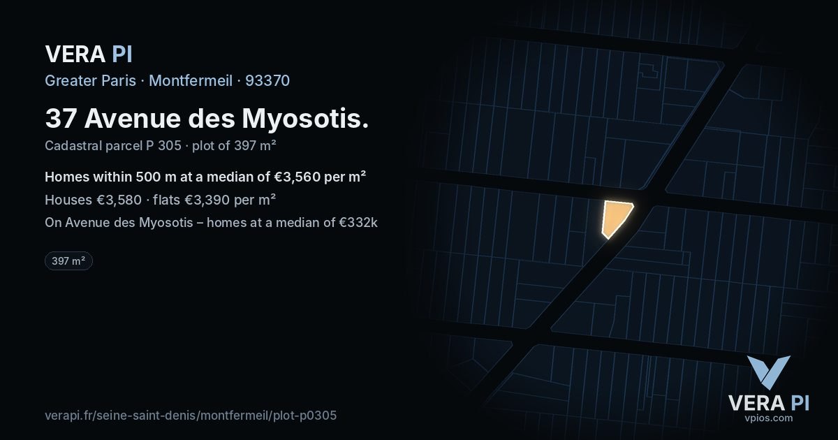 37 Avenue des Myosotis, Montfermeil at night – the plot lit, the parcels around coloured by the prices near them