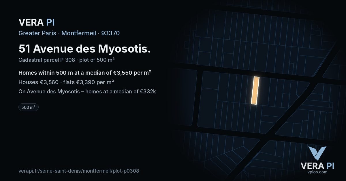 51 Avenue des Myosotis, Montfermeil at night – the plot lit, the parcels around coloured by the prices near them