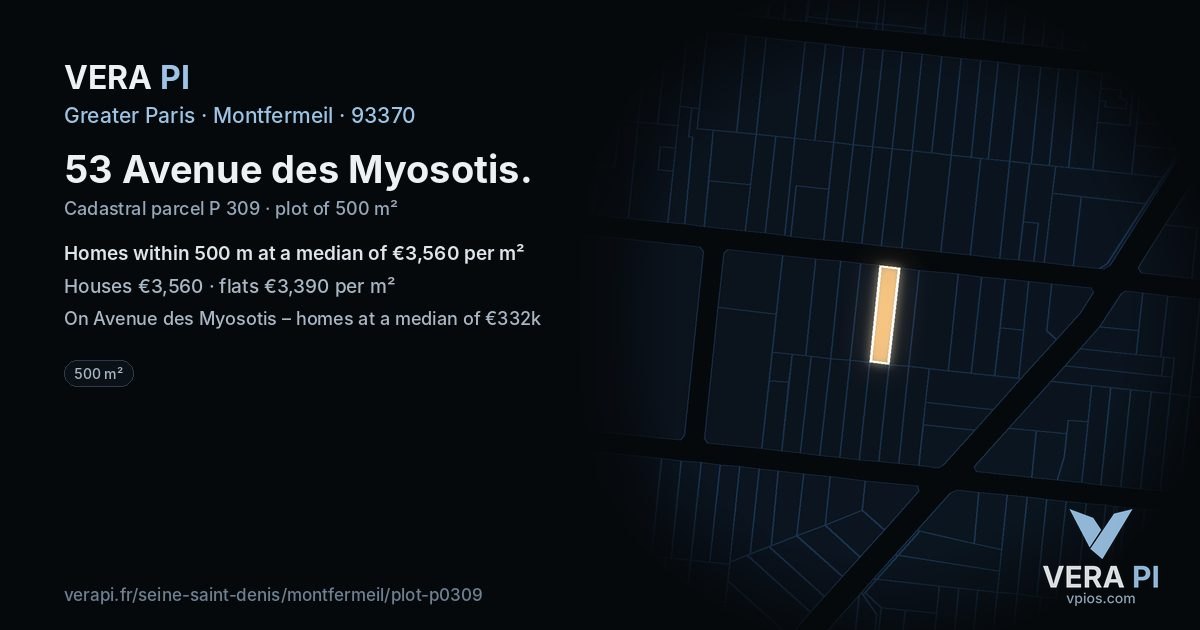53 Avenue des Myosotis, Montfermeil at night – the plot lit, the parcels around coloured by the prices near them