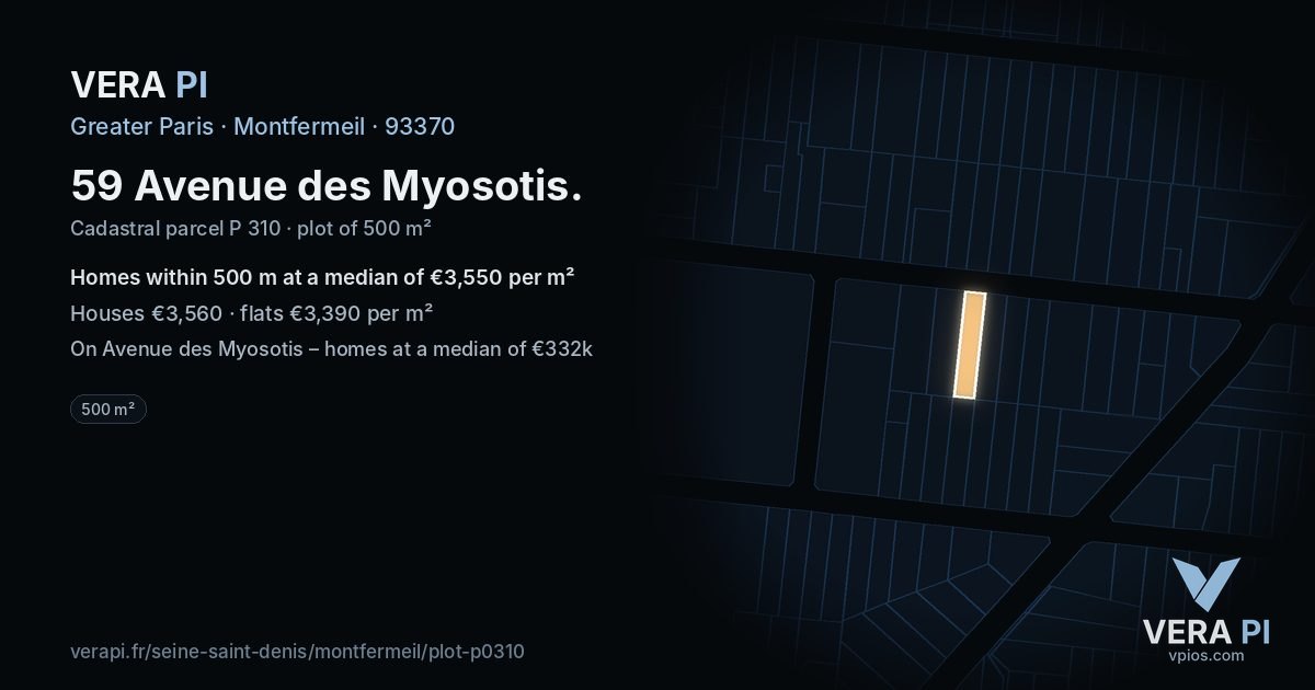 59 Avenue des Myosotis, Montfermeil at night – the plot lit, the parcels around coloured by the prices near them