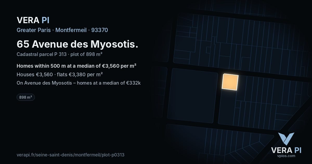 65 Avenue des Myosotis, Montfermeil at night – the plot lit, the parcels around coloured by the prices near them