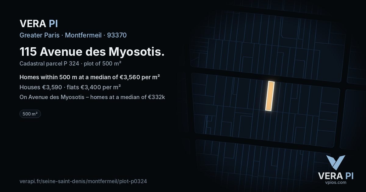 115 Avenue des Myosotis, Montfermeil at night – the plot lit, the parcels around coloured by the prices near them