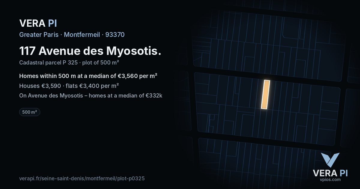117 Avenue des Myosotis, Montfermeil at night – the plot lit, the parcels around coloured by the prices near them