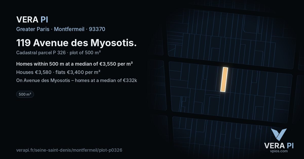 119 Avenue des Myosotis, Montfermeil at night – the plot lit, the parcels around coloured by the prices near them