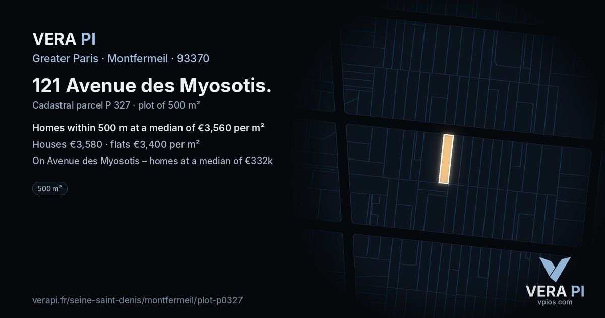 121 Avenue des Myosotis, Montfermeil at night – the plot lit, the parcels around coloured by the prices near them