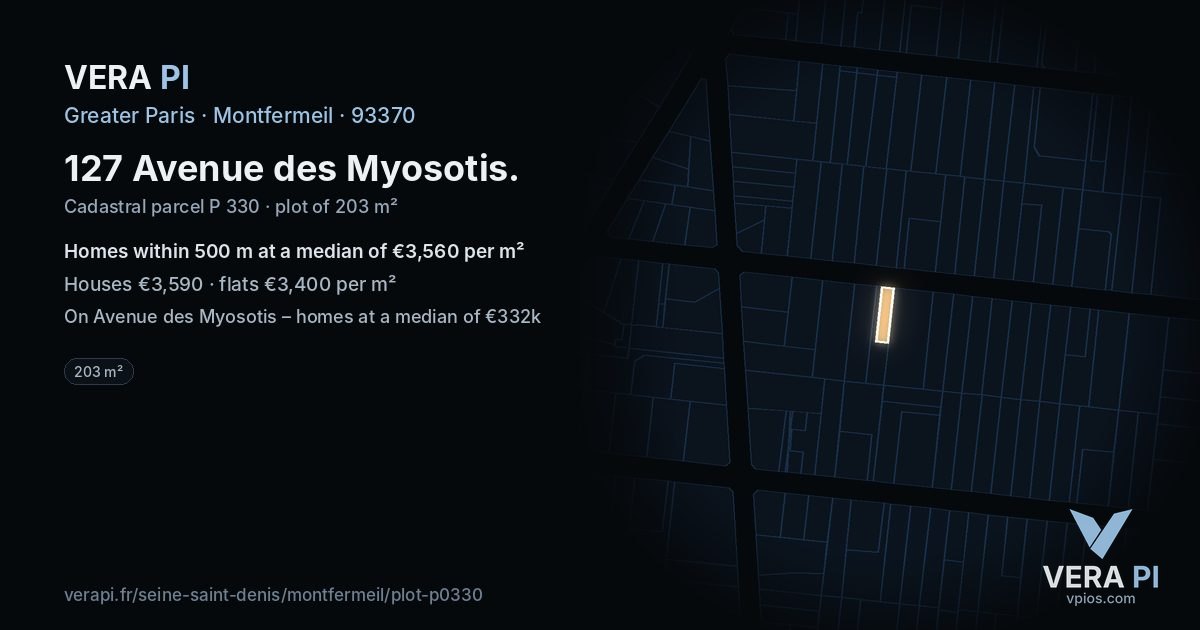 127 Avenue des Myosotis, Montfermeil at night – the plot lit, the parcels around coloured by the prices near them