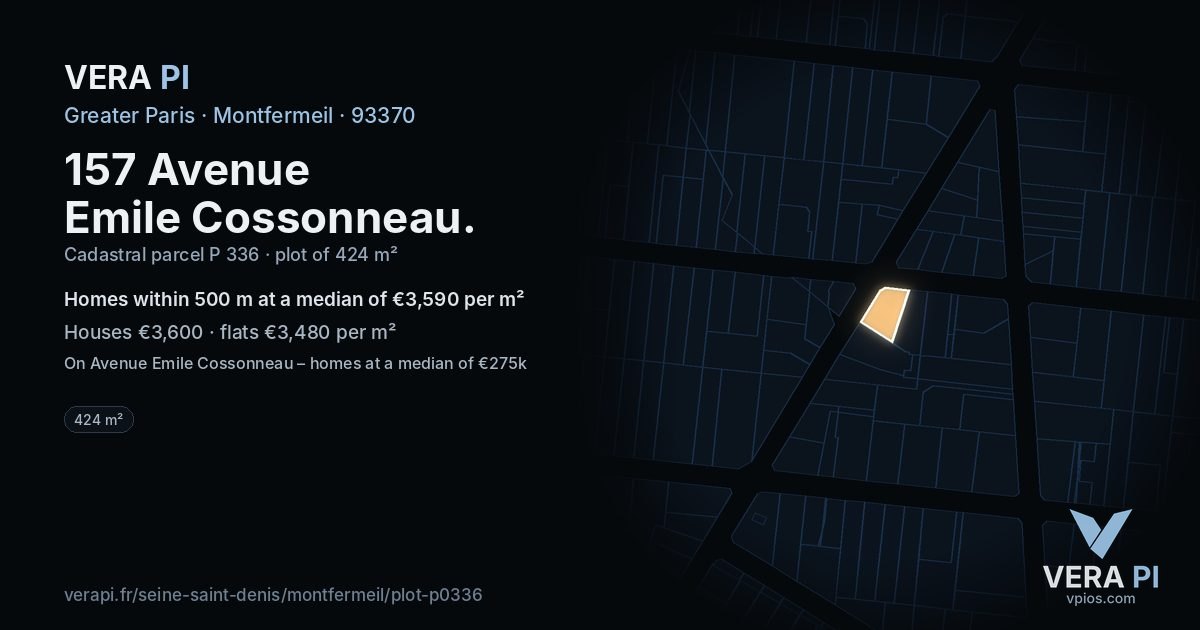 157 Avenue Emile Cossonneau, Montfermeil at night – the plot lit, the parcels around coloured by the prices near them