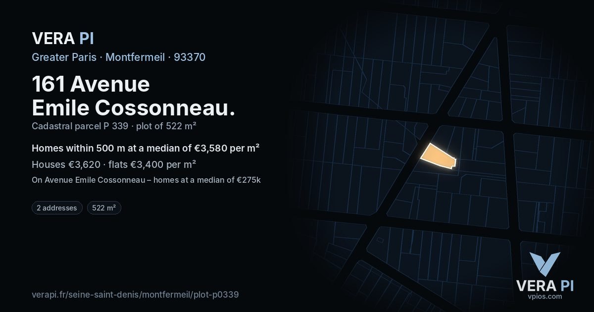 161 Avenue Emile Cossonneau, Montfermeil at night – the plot lit, the parcels around coloured by the prices near them