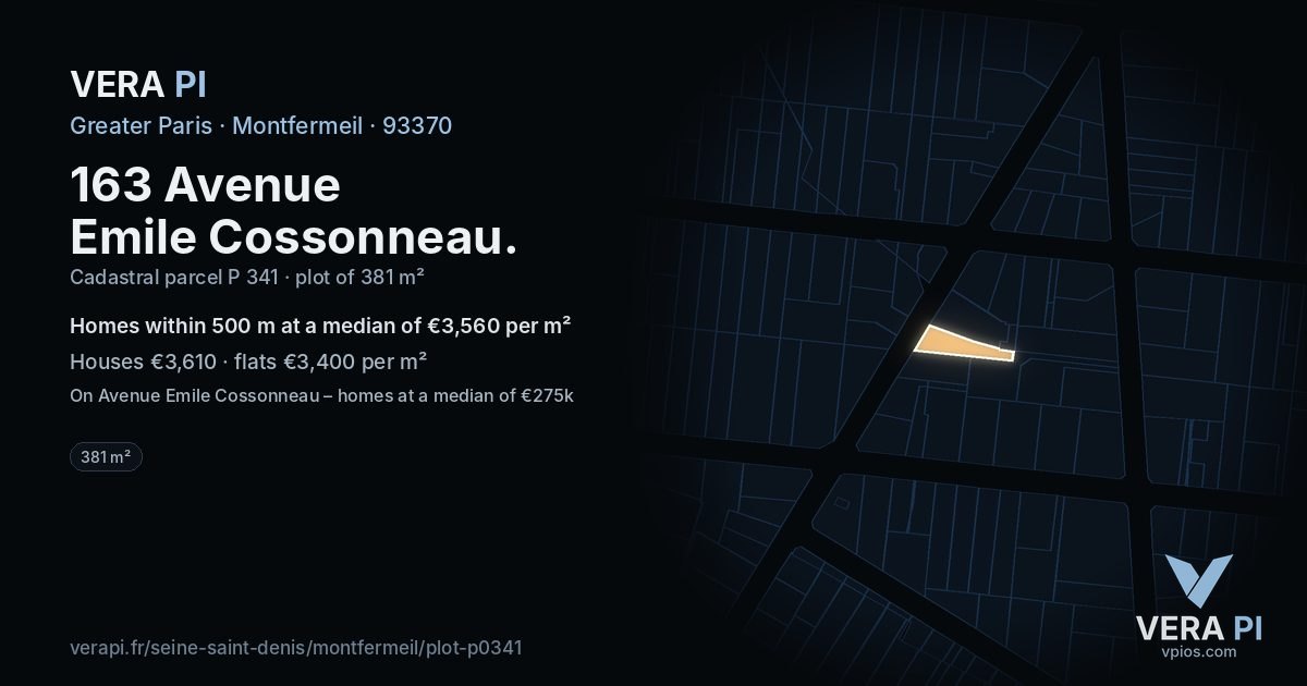 163 Avenue Emile Cossonneau, Montfermeil at night – the plot lit, the parcels around coloured by the prices near them