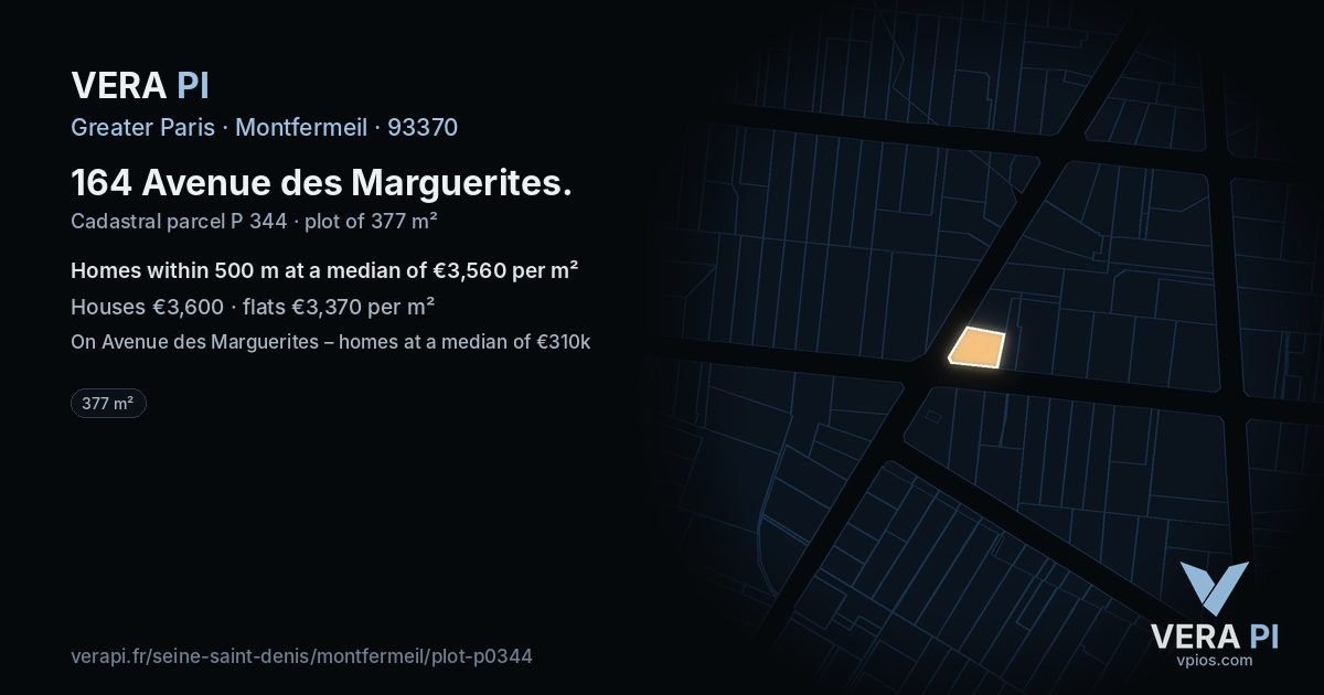 164 Avenue des Marguerites, Montfermeil at night – the plot lit, the parcels around coloured by the prices near them