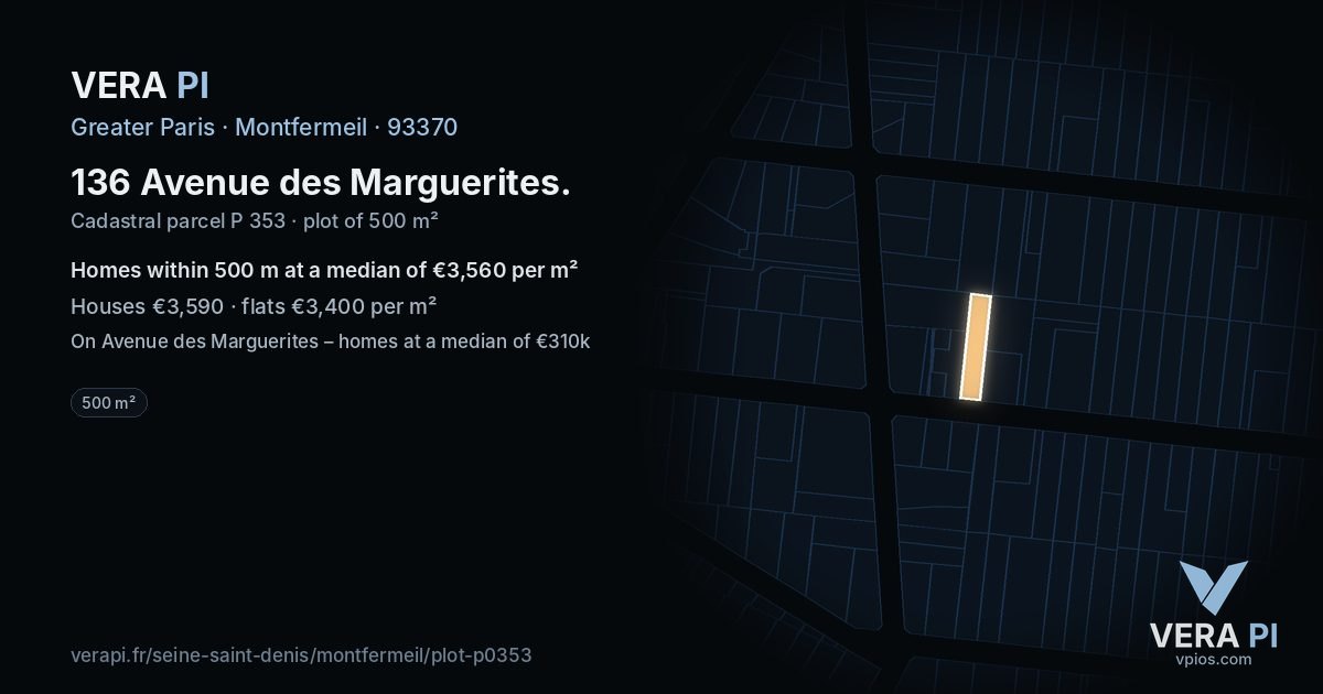 136 Avenue des Marguerites, Montfermeil at night – the plot lit, the parcels around coloured by the prices near them