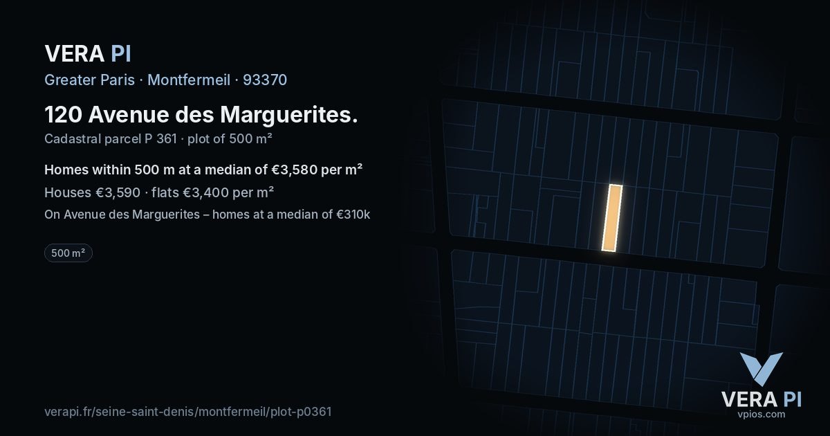120 Avenue des Marguerites, Montfermeil at night – the plot lit, the parcels around coloured by the prices near them