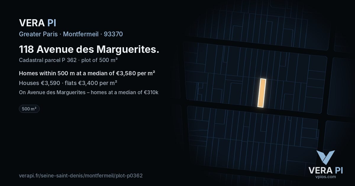 118 Avenue des Marguerites, Montfermeil at night – the plot lit, the parcels around coloured by the prices near them