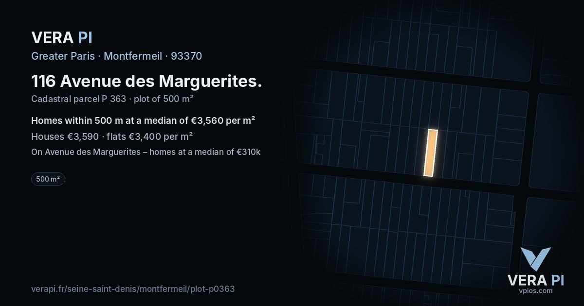 116 Avenue des Marguerites, Montfermeil at night – the plot lit, the parcels around coloured by the prices near them