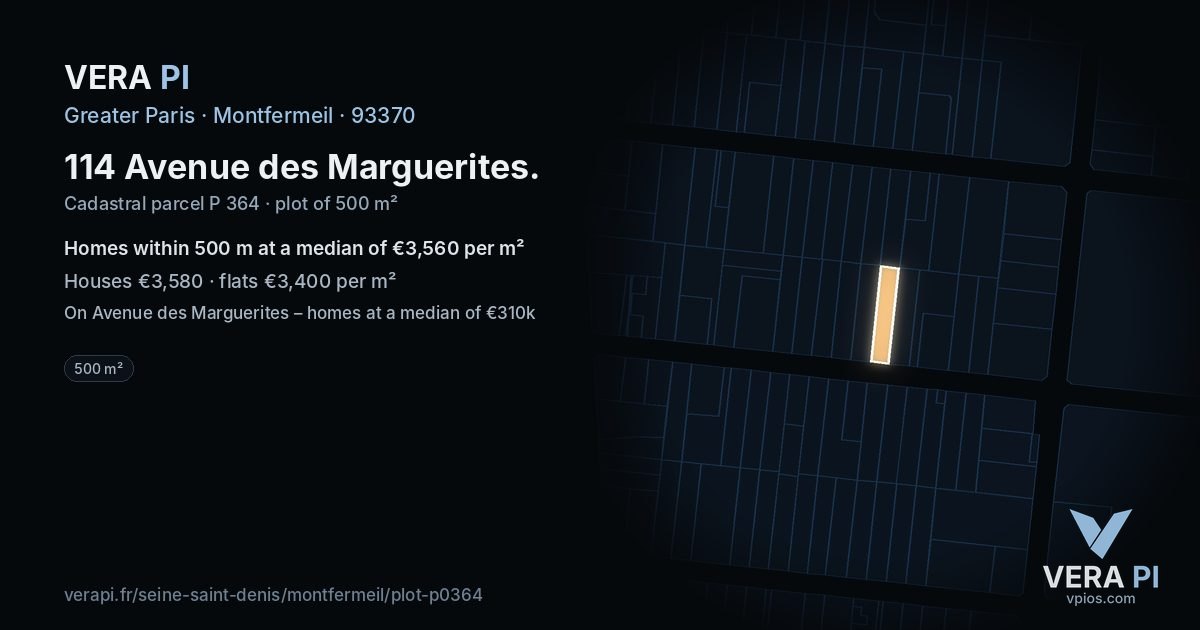 114 Avenue des Marguerites, Montfermeil at night – the plot lit, the parcels around coloured by the prices near them