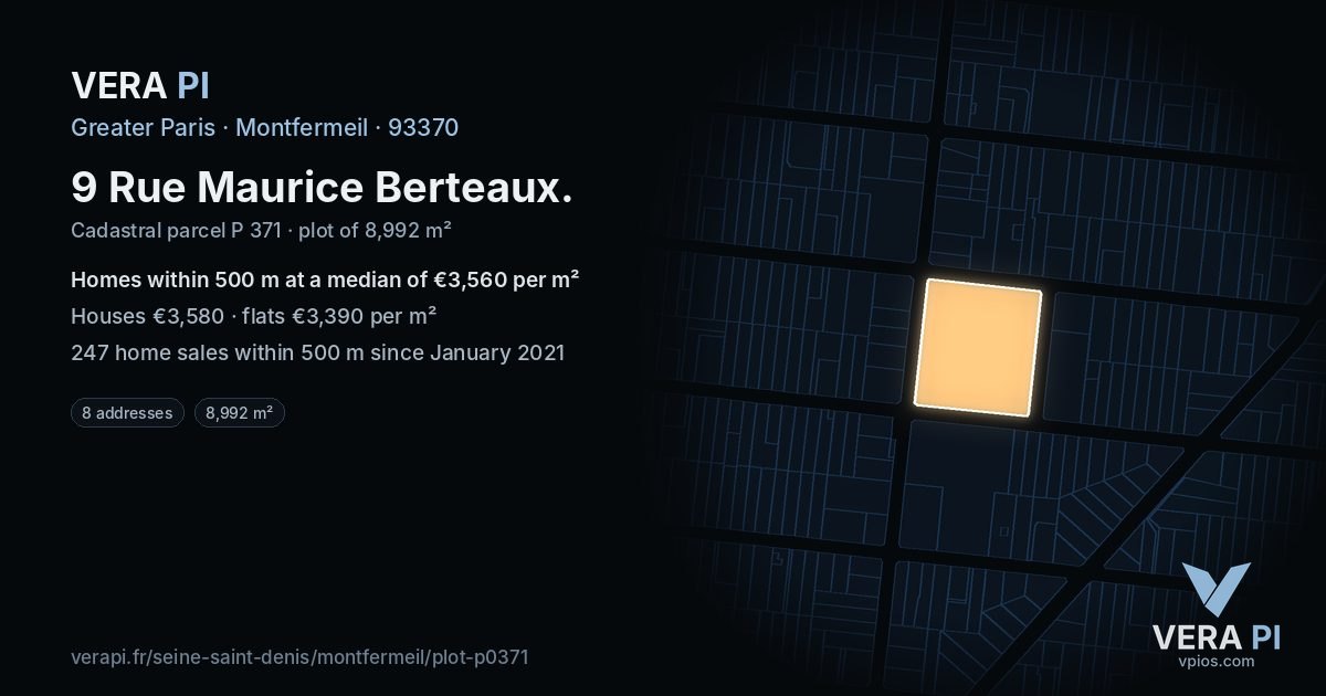 9 Rue Maurice Berteaux, Montfermeil at night – the plot lit, the parcels around coloured by the prices near them