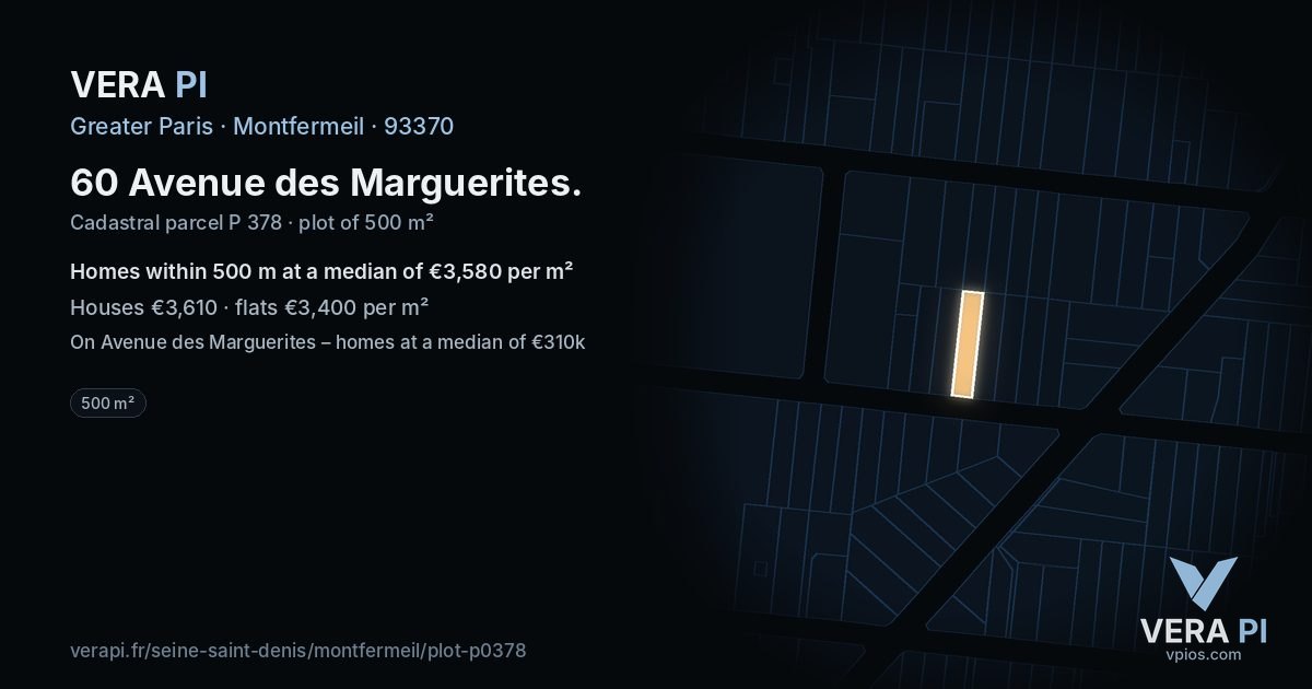 60 Avenue des Marguerites, Montfermeil at night – the plot lit, the parcels around coloured by the prices near them